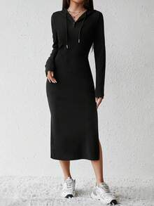 SHEIN EZwear Split Thigh Drawstring Hooded Dress - Black - View 3