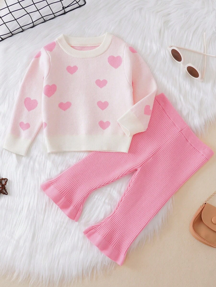 Baby Girl Heart Pattern Sweater & Flare Leg Knit Pants - Multicolor - View 1