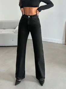 EURMUSE Zipper Fly Straight Leg Jeans - Black - View 1