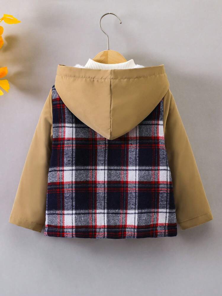 Young Boy 1pc Plaid Print Hooded Thermal Lined Padded Coat