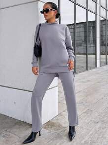 RueChic Mock Neck Drop Shoulder Split Hem Sweatshirt & Pants - Grey - View 5