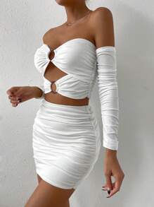 Allurite Vòng lệch vai liên kết Cut Out Crop Top & Váy Bodycon - trắng - Xem 4