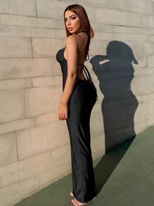 Zolique Tie Shoulder Backless Ruched Cami Dress Maxi Women Outfit - Black - View 7