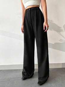 RueChic Solid High Waist Wide Leg Pants - Black - View 4