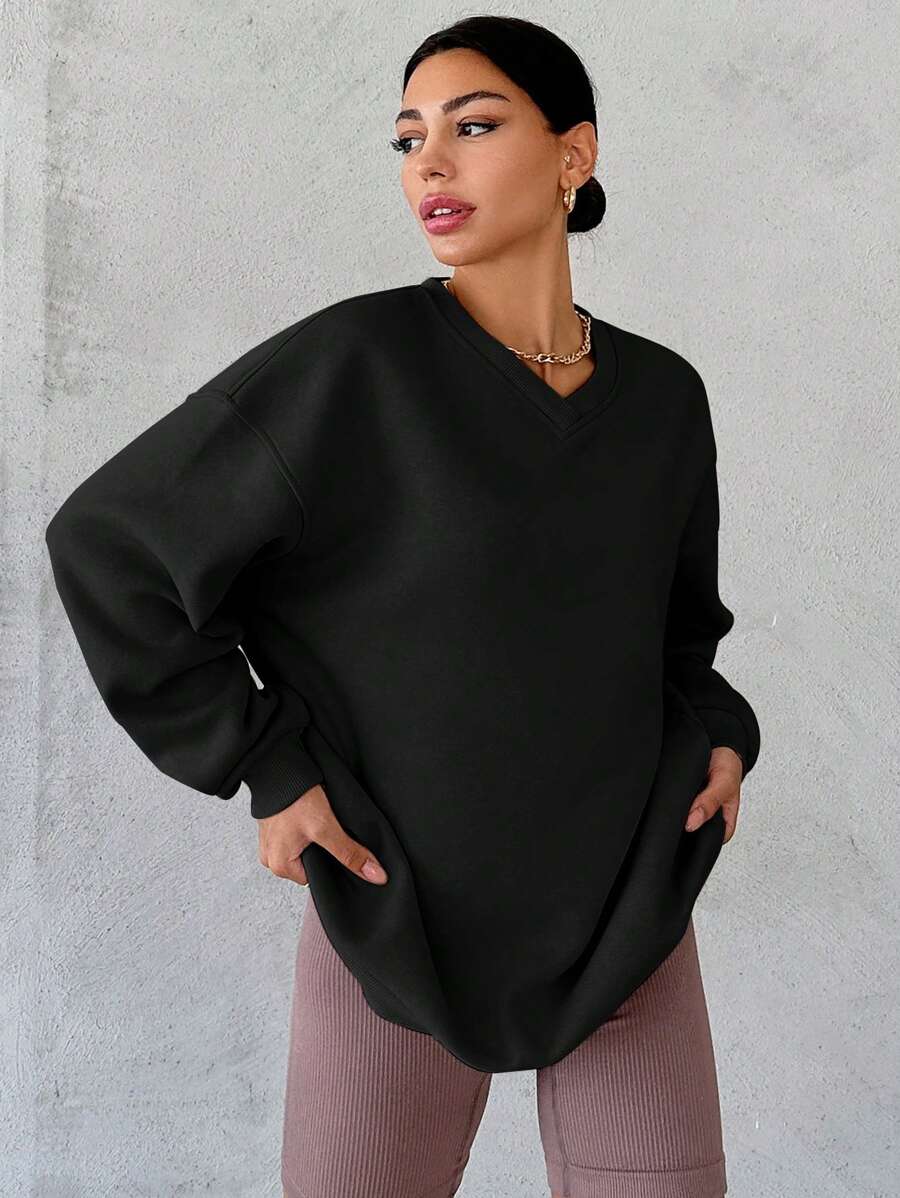 Cotton Solid Drop Shoulder Sweatshirt - Black - View 1