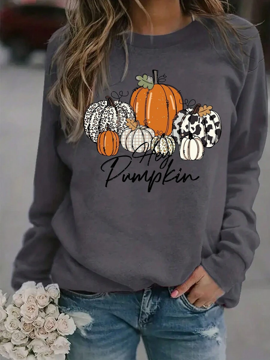 女士灰色圓領南瓜圖案運動衫 - 深灰色 - 查看 1