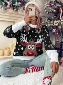 SHEIN LUNE 圣诞图案落肩针织套头衫秋冬毛衣 - 彩色 - 查看 5