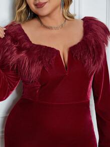 Eilly Bazar Plus Size V-Neck Furry Trim Long Sleeve Dress - Burgundy - View 6