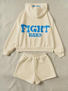 SHEIN EZwear Đồ họa Chữ cái Thả vai Hoodie & Eo dây rút Quần short - Màu be - Xem 2