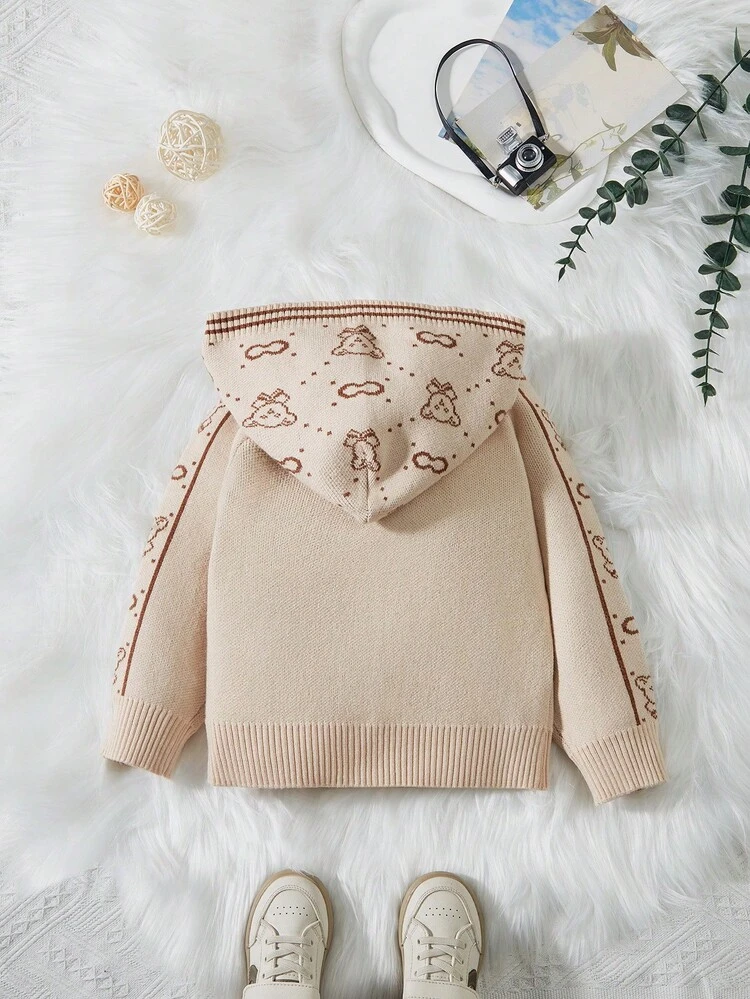 Baby Boy Letter & Bear Pattern Raglan Sleeve Hooded Cardigan