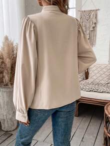 SHEIN LUNE Half Button Lantern Sleeve Blouse - Apricot - View 2