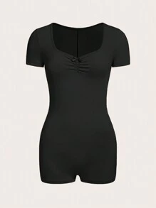 SHEIN EZwear Solid Ruched Bust Unitard Romper - Black - View 1