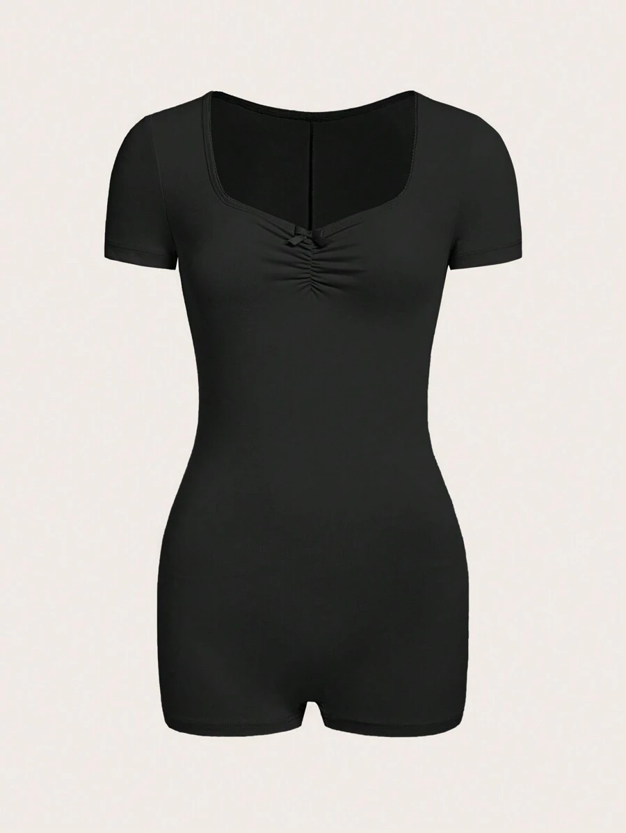 SHEIN EZwear Solid Ruched Bust Unitard Romper - Black - View 1