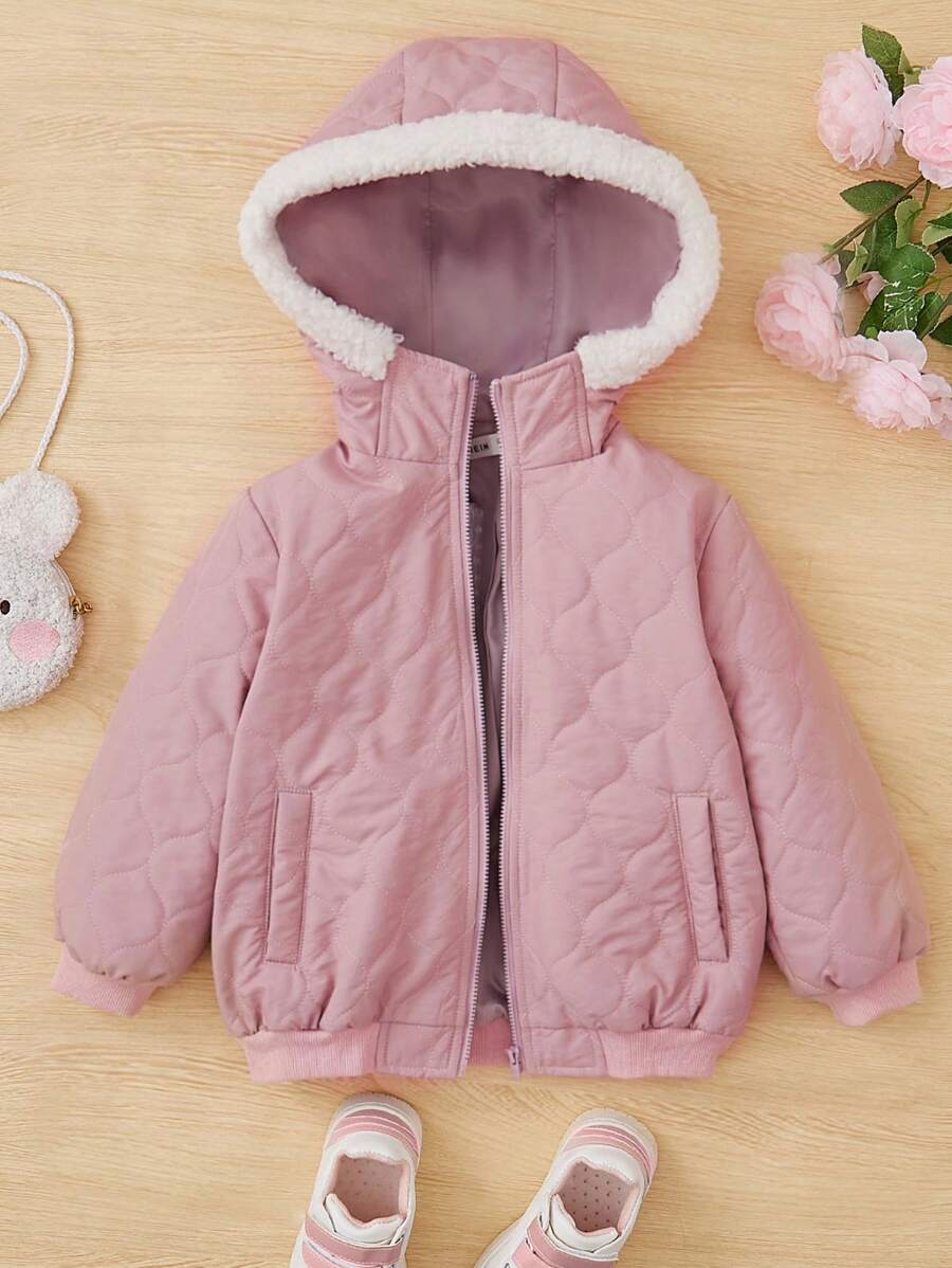 SHEIN Young Girl Zip Up Teddy Trim Hooded Padded Coat