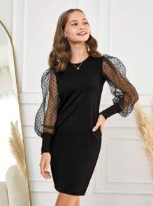 RueChic Teen Girl Dobby Mesh Lantern Sleeve Fitted Dress - Black - View 3