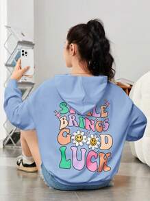 SHEIN Teen Girl Slogan Graphic Drop Shoulder Hoodie - Baby Blue - View 3