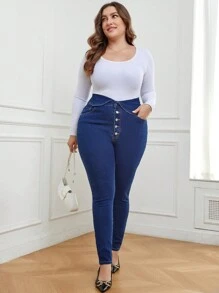 SHEIN Privé Hơn Nút Bay Gập eo Quần jean ôm - Rửa tối - Xem 4