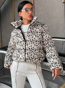 EURMUSE Leopard Print Zip Up Puffer Coat - Multicolor - View 2