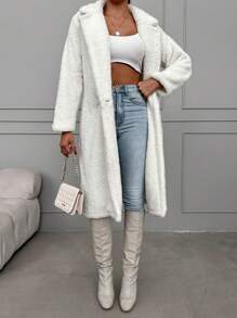 EURMUSE Lapel Neck Single Button Teddy Coat - White - View 4