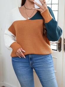 Calvaya 大碼撞色落肩袖套頭毛衣 - 彩色 - 查看 4