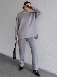 RueChic Mock Neck Drop Shoulder Split Hem Sweatshirt & Pants - Grey - View 1