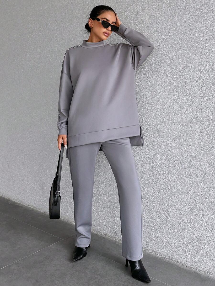 RueChic Mock Neck Drop Shoulder Split Hem Sweatshirt & Pants - Grey - View 1
