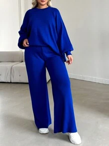 EURMUSE Plus Size Solid Color Raglan Sleeve Sweater And Knitted Pants Set, For Winter - Blue - View 7