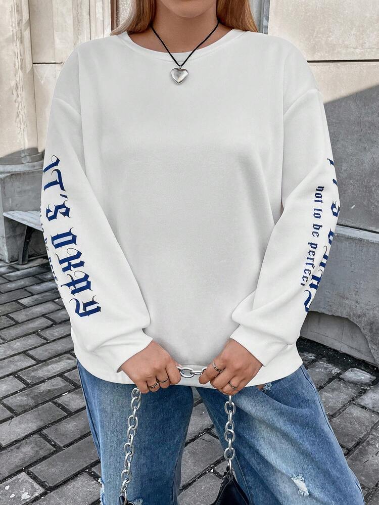 Plus Slogan Graphic Drop Shoulder Sweatshirt Pullover Fall Sweatshirt
