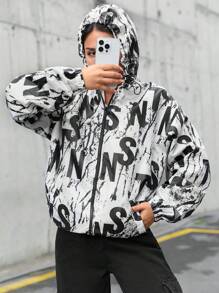 RueChic Letter Print Hooded Zipper Jacket - Black - View 3