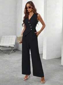 RosyDaze Button Front Vest Blazer & Wide Leg Pants