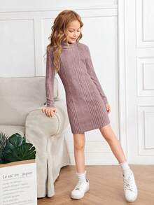 SHEIN Tween Girl Knitted Ribbed Elegant Dress With High Collar - Pink - View 4