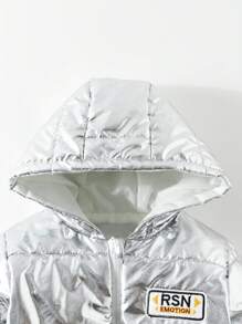 Baby Boy Letter Patched Detail Hooded Padded Coat - Silver - View 4