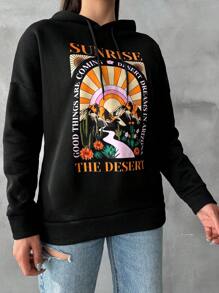 Slogan & Scenery Print Drop Shoulder Drawstring Hoodie