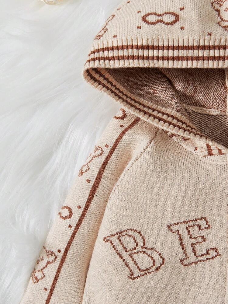 Baby Boy Letter & Bear Pattern Raglan Sleeve Hooded Cardigan