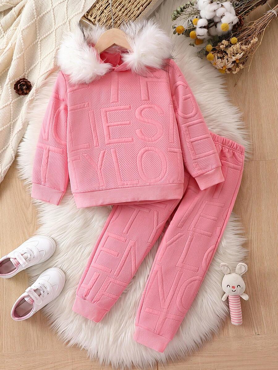 SHEIN Young Girl Letter Embossed Fuzzy Trim Hoodie & Sweatpants