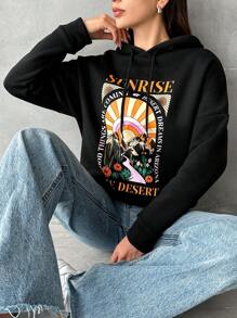 Slogan & Scenery Print Drop Shoulder Drawstring Hoodie