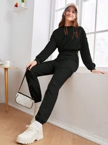 SHEIN 青少年女孩落肩袖連帽衫和運動褲 - 黑色 - 查看 5