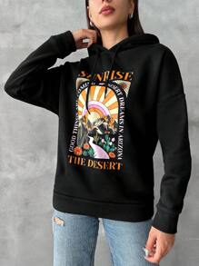 Slogan & Scenery Print Drop Shoulder Drawstring Hoodie