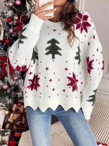 SHEIN Frenchy Suéter com ombros caídos e acabamento em vieira com estampa natalina para outono/inverno - Branco - Ver 5