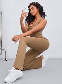 Easithlete Solid Flare Leg Cami Jumpsuit - Coffee Brown - View 5