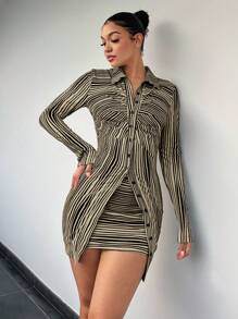 SHEIN SXY 條紋印花前紐扣襯衫&包臀半身裙 - 卡其色 - 查看 1