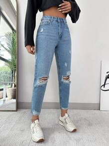 EURMUSE High Waist Ripped Raw Hem Ripped Skinny Jeans - Light Wash - View 4