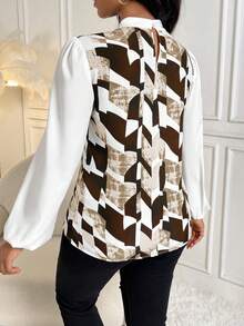 SHEIN Lady Geo Print Tie Neck Lantern Sleeve Blouse - Multicolor - View 2