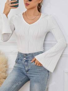 Solid V Neck Flare Sleeve Tee