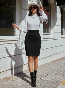 EURMUSE Solid Wide Waistband Skirt - Black - View 4