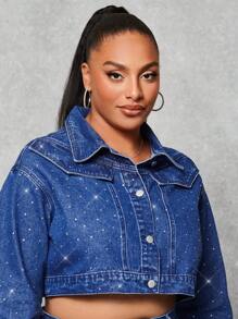 SHEIN BAE Áo khoác denim dáng croptop có túi đính đá Rhinestone Decor Flap, Quần áo mùa thu cho nữ - Màu xanh lam - Xem 6