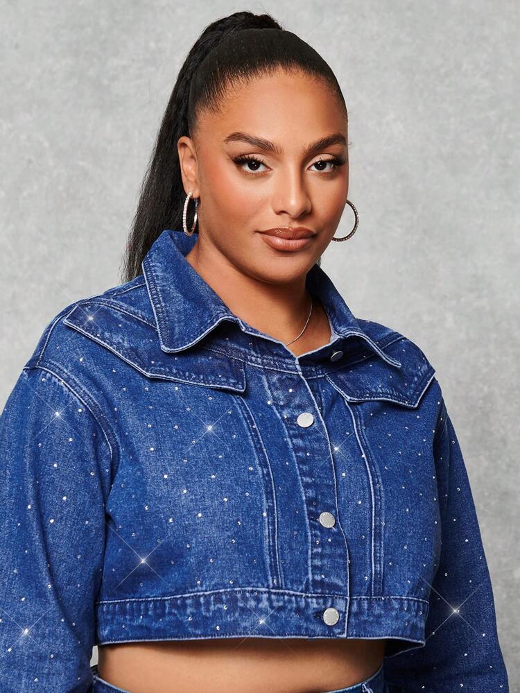 Plus Rhinestone Decor Flap Pocket Crop Denim Jacket, Fall Women Clothes