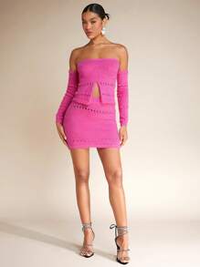 SHEIN BAE Strapless Sweater & Sleeve Covers - Hot Pink - View 3