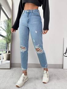 EURMUSE High Waist Ripped Raw Hem Ripped Skinny Jeans - Light Wash - View 3