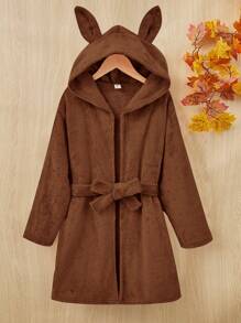 SHEIN 女大童3D耳朵設計連帽腰帶睡袍 - 鏽棕色 - 查看 1